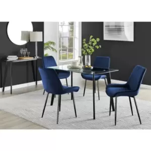 Image of Furniturebox Malmo Rectangular Glass and Black Wooden Leg Modern Industrial Dining Table & 4 Navy Pesaro Black Leg Velvet Chairs