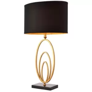 image of Modern Table Lamp Light Gold Loop Ring & Black Marble Square Base Round Shade