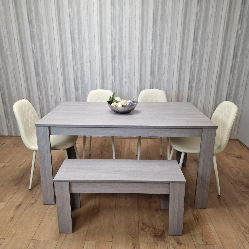 Image of KOSY KOALA Dining Table Set In Grey, 4 Diamond-Pattern Cream Chairs, and 1 Bench. Kitchen Dining Table for 4 Grey