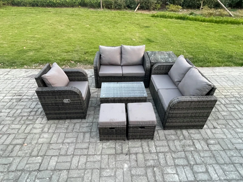 Image of Fimous High Back Rattan Garden Furniture Set with Loveseat Sofa Rectangular Coffee Table Side Table 2 Small Footstools Indoor Outdoor Patio Lounge Sof