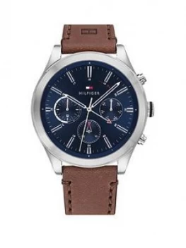 Image of Tommy Hilfiger Ashton Brown Leather Strap Navy Sunray Dial Mens Watch