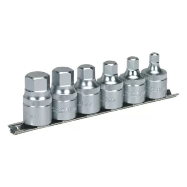 image of Sealey AK6561 Hex Socket Bit Set with Rail 6pc Stubby 1/2Sq Drive Metric