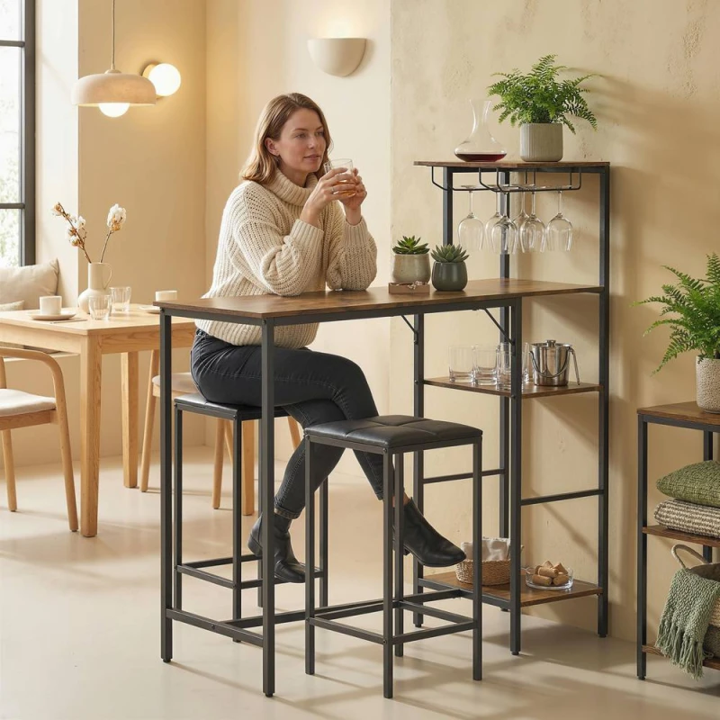Image of HOMCOM 3Pcs Breakfast Bar Table & Stools Set 4-tier shelving in Brown Brown Unisex