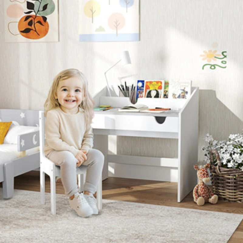 Image of AIYAPLAY Children Study Table and Chair w/ Storage, Pull-out Drawer Grey