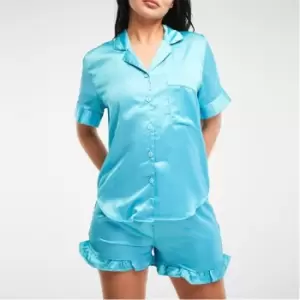 image of Missguided Frill Detail Satin Shirt and Shorts Pyjama Set - Blue