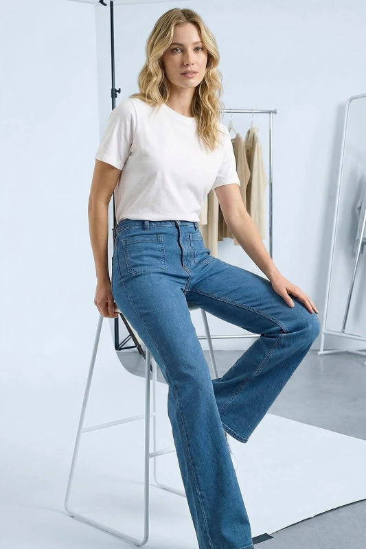 Image of Dusk Womens Front Pocket Bootcut Jeans in Mid Blue Size: 10 Mid Blue Female 10