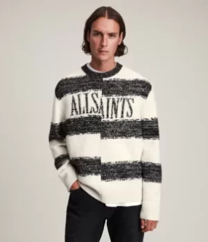 Image of AllSaints Mens Wool Colour Block Lexi Saints Crew Jumper, White and Black, Size: L