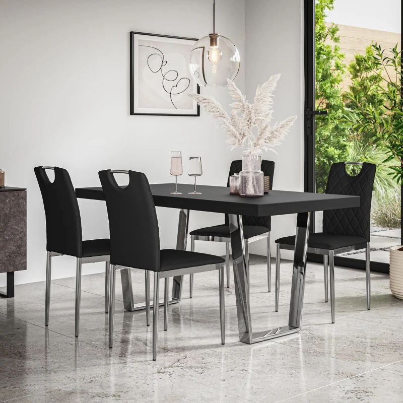 Image of More4Homes Aria Dining Table And Chairs - Black Table Top W Chrome Legs + Monza Faux Leather Dining Chair W Chrome Legs Set Of 4 (Black)