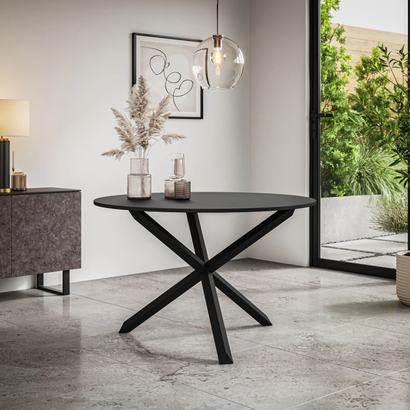 Image of More4Homes Malvern Round Dining Table Black Table Top W Solid Black Oak Legs