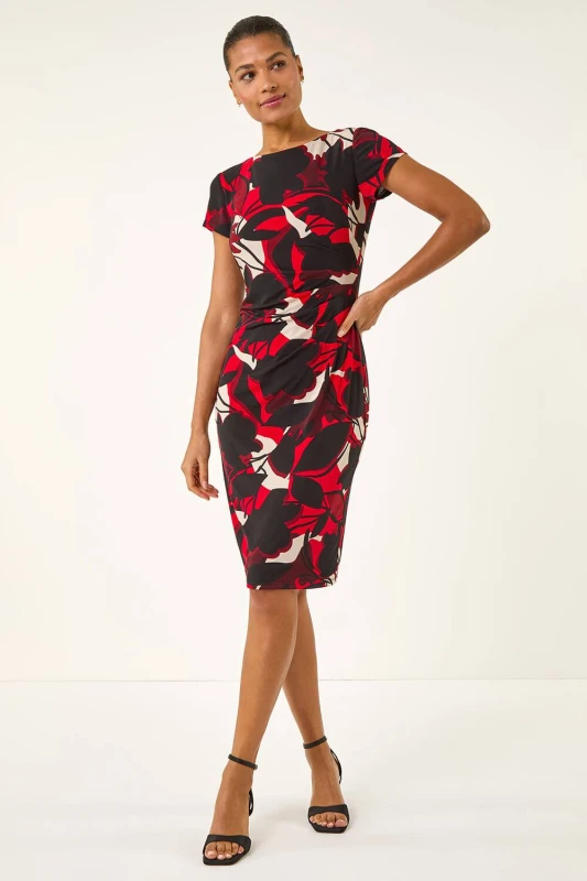Image of Roman Womens Leaf Print Gathered Shift Dress Size: 20 Multicolor Female 20