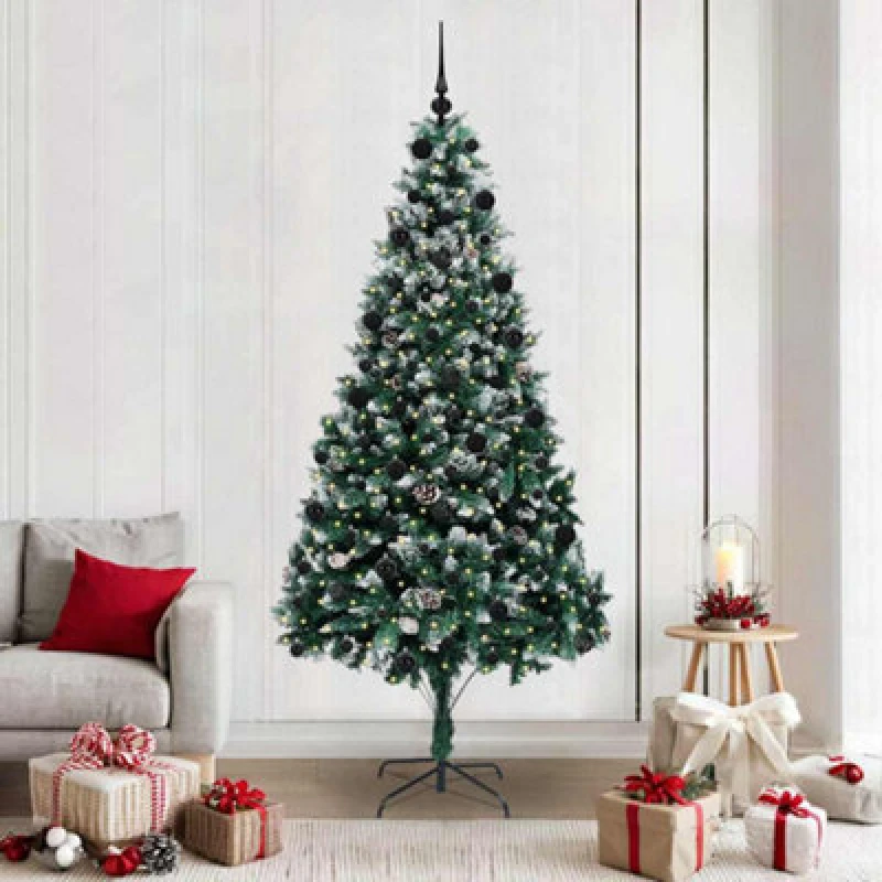 Image of vidaXL Artificial Christmas Tree with 300 LEDs, 120 Black Balls with Stand Green 210 cm, Green 3396274