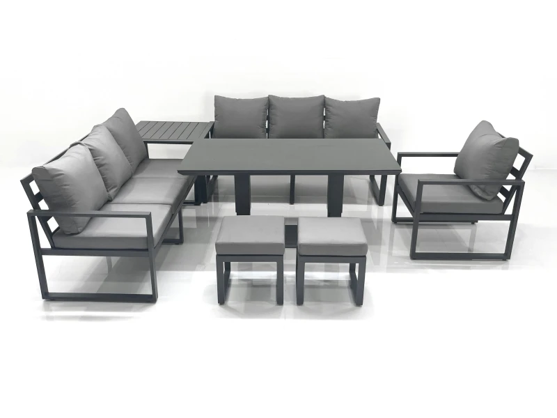 Image of Fimous Outdoor Garden Furniture Set Aluminium Lounge Sofa Adjustable Rising Lifting Dining Table Sets with 2 Small Footstools Side Table Dark Grey Dar