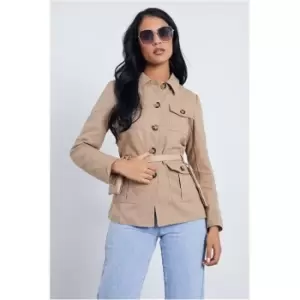 Image of I Saw It First Camel Woven Shacket With Utility Waist Belt - Brown
