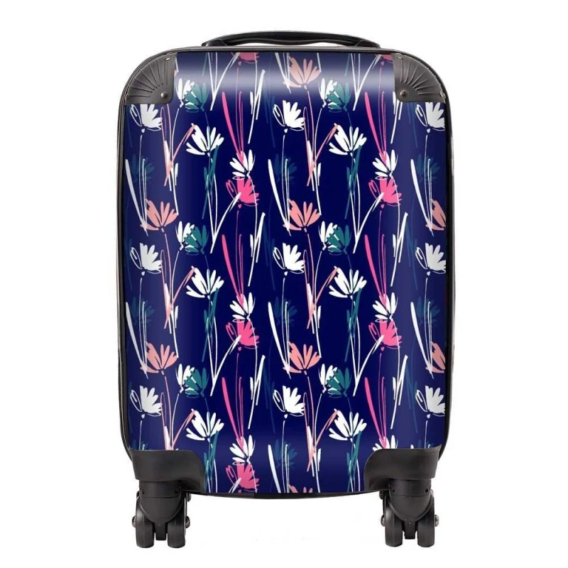Image of Warren Reed - Designer Hand Drawn Wild Flowers Suitcase in Blue Size: Large Blue Unisex Large
