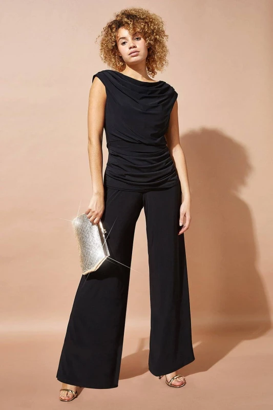 Image of Roman Womens Cowl Neck Ruched Stretch Jumpsuit in Black Size: 18 Black Female 18