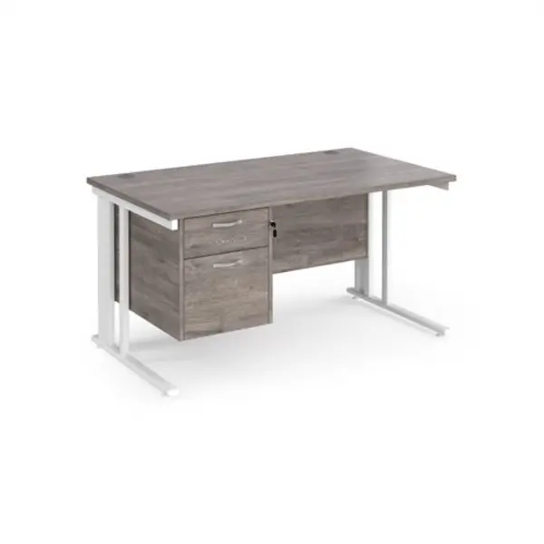 image of Maestro 25 straight desk 1400mm x 800mm with 2 drawer pedestal - white cable managed leg frame, grey oak top