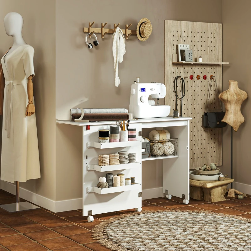 Image of HOMCOM Folding Sewing Table Rolling Craft Table with Drop Leaf Wheels White White