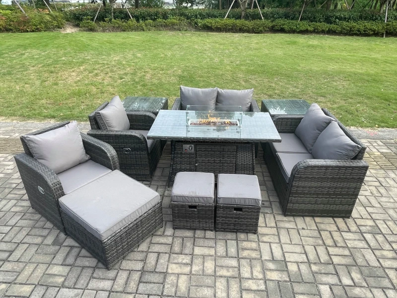 Image of Fimous 9 Seater Rattan Garden Furniture Set Propane Gas Fire Pit Table and Sofa Chair set with 3 Footstool 2 Side Tables Dark Grey