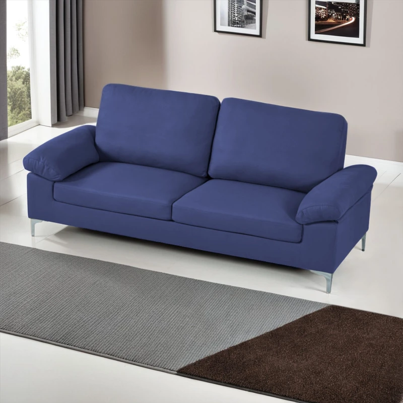 Image of KOSY KOALA KOSY KOALA Modern Two Seater Sofa Blue Fabric with Chrome Feet - Comfortable Couch with Cushion for Living Room, Bedroom or Office Blue One