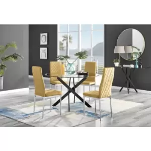 Image of Furniturebox UK - Furniturebox Novara Black Leg 120cm Round Glass Dining Table & 4 Mustard Milan Velvet Dining Chairs Diamond Stitch Modern