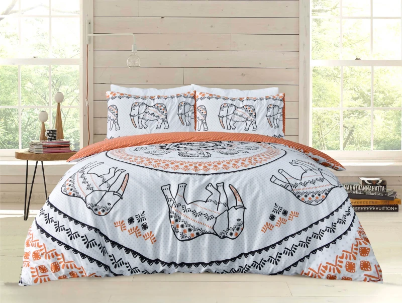 Image of Smart Living Smart Living Printed Reversible Polycotton Tribal Elephant Duvet Cover With Pillowcases in Burnt Orange Size: Super King Burnt Orange S