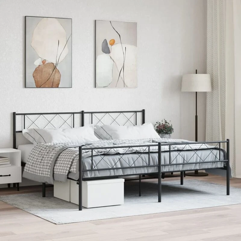 Image of Vidaxl Metal Bed Frame With Headboard And Footboard Black Super King Size, Black 372299