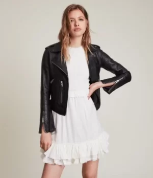 Image of AllSaints Womens Leather Regular Fit Balfern Biker Jacket, Black, Size: 12