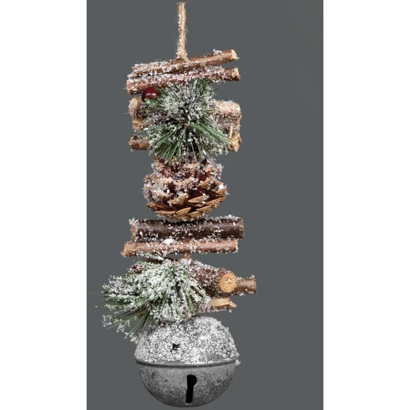 Image of Shatchi Hanging Decoration with Jingle Bells Wooden Sticks, Berries and Pinecones Christmas Home Wall Door 33cm Silver Silver