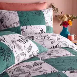 Image of Mythos Checkerboard Printed Checked Reversible Duvet Cover Set Green/Natural, Green/Natural / Double