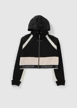 image of P.E. Nation Womens Forefront Cropped Hooded Fleece Jacket In Black