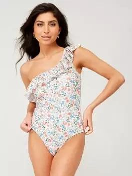 image of PIECES Ruffle Floral One Shoulder Swimsuit -multi, Multi, Size S, Women