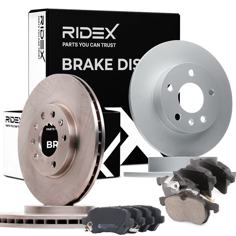 Image of RIDEX 3405B0323 Brake disc and pads set Front Axle, Brake Disc Type: internally vented, with acoustic wear warning Brake Set,disc brakes (3405)