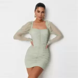 image of Missguided Petite Mesh Ruched Ls Mini Dress - Green