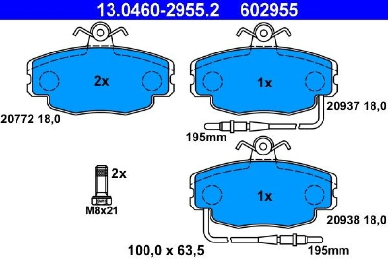 Image of ATE 13.0460-2955.2 Brake pad set incl. wear warning contact, with brake caliper screws Brake Pad Set,disc brake (402)