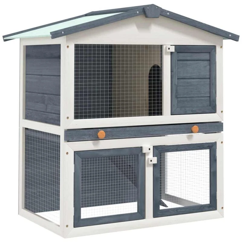 Image of vidaXL Outdoor Rabbit Hutch 3 Doors Grey Wood Pet House Habitat Cage Carrier