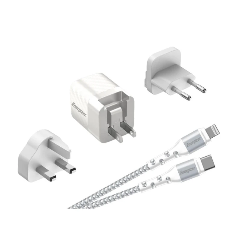 Image of Energizer 20W Wall Charger with EU/UK/US Adapters with Lightning Cable - White A20MUL White