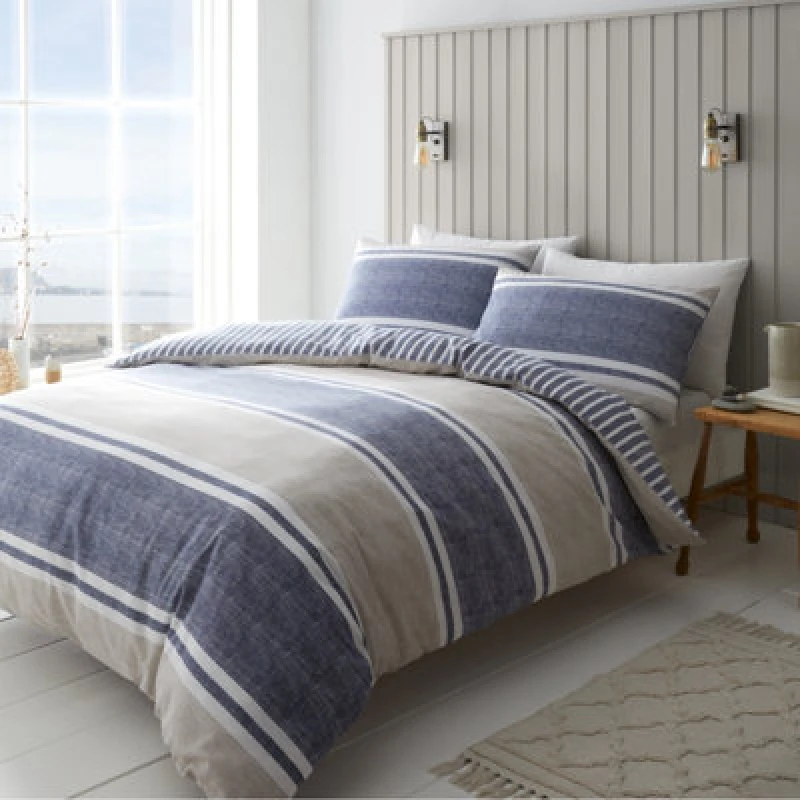 Image of Catherine Lansfield Bedding Textured Banded Stripe Duvet Cover Set With Pillowcase Blue