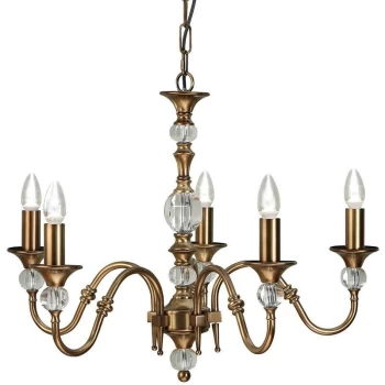 Image of Interiors - 5 Light Multi Arm Ceiling Pendant Chandelier Antique Brass, Crystal, E14