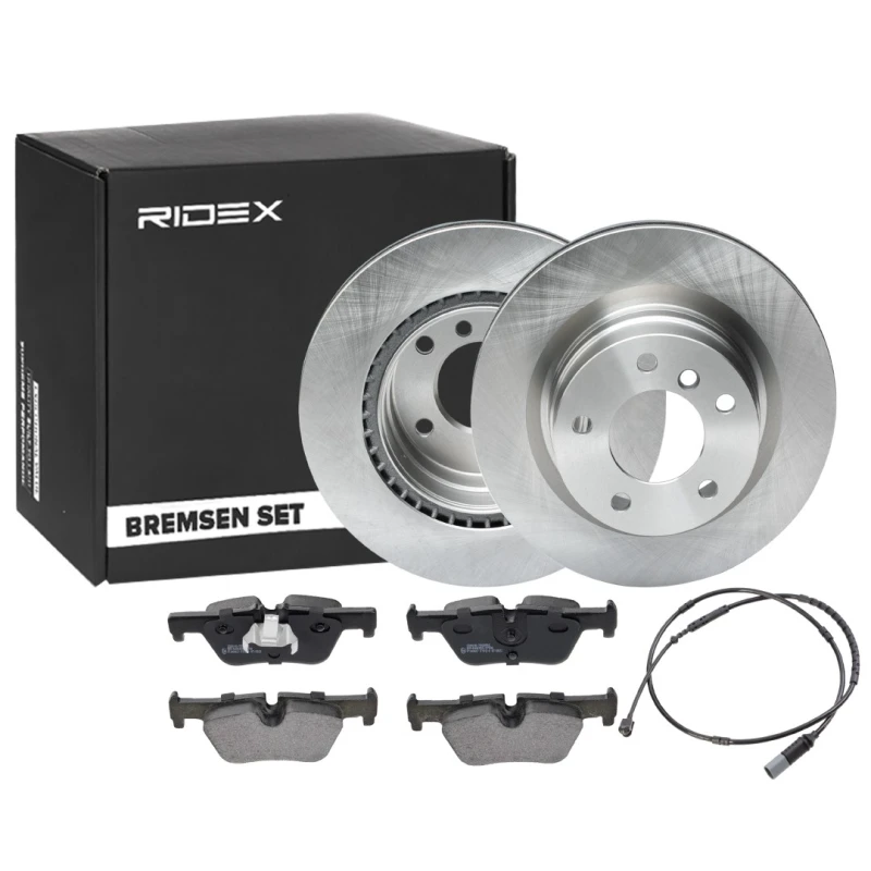 Image of RIDEX 3405B1654 Brake disc and pads set Rear Axle both sides, Brake Disc Type: Vented, prepared for wear warning indicator, with piston clip Brake Se