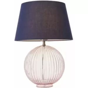 image of Table Lamp Dusky Pink Ribbed Glass & Navy Cotton 40W E27 gls Base & Shade