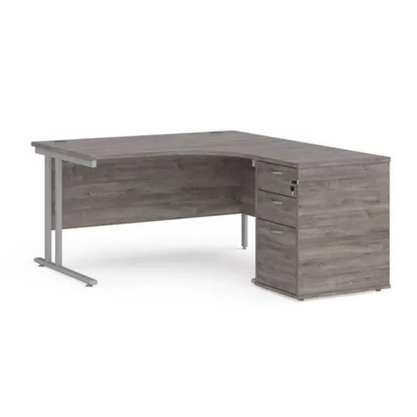 image of Office Desk Right Hand Corner Desk 1400mm With Pedestal Grey Oak Top With Silver Frame Maestro 25