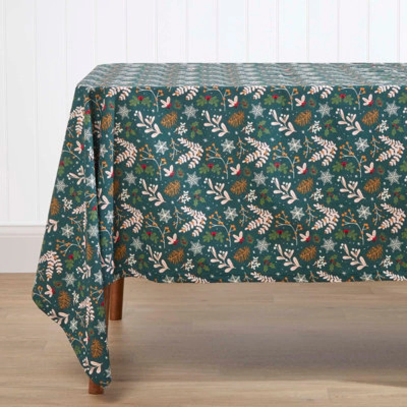 Image of Homescapes Festive Forest 100% Cotton Green Christmas Tablecloth 137 X 178 Cm
