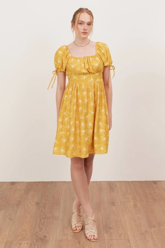 Image of Lovedrobe Womens Elasticated Square Neck Short Sleeve Mini Dress in Yellow Size: 8 Yellow Female 8