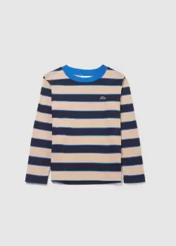 Image of Boys' Lacoste Striped Cotton Jersey T-Shirt Size 8 yrs Beige / Navy Blue / Blue