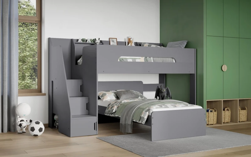 Image of Flair Stepaside Staircase L Shaped Bunk Bed in Grey Size: Single Grey Unisex Single