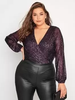 image of Yours Sequin Mesh Bodysuit - Purple, Purple, Size 16, Women