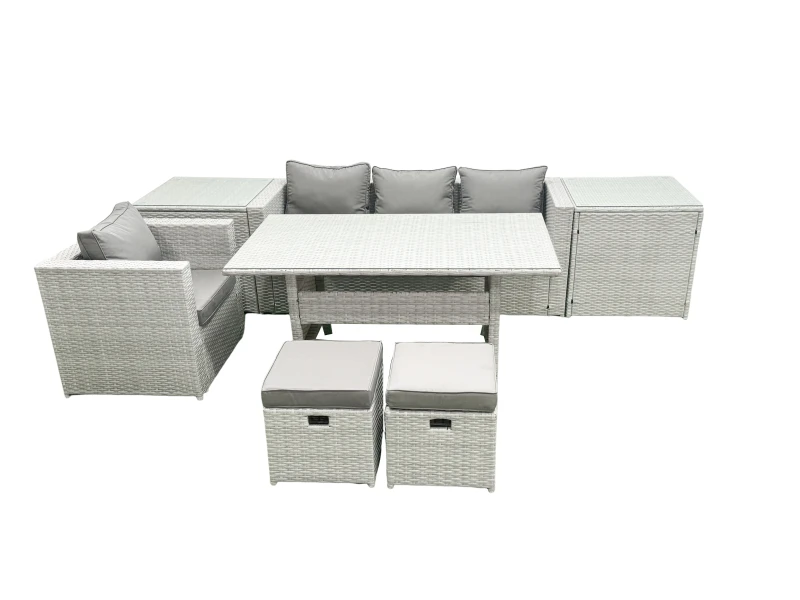 Image of Fimous Rattan Garden Furniture Dining Set 6 Seater Lounge Sofa Chair Dining Table Set with 2 Small Footstools 2 Side Tables Light Grey Mixed Light Gre