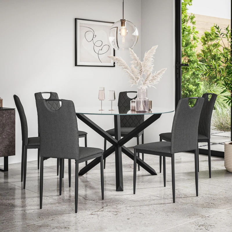 Image of More4Homes Malvern Round Dining Table And Chairs - Clear Glass Table Top W Solid Oak Black Legs + 6 Monza Fabric Dining Chairs (Charcoal)