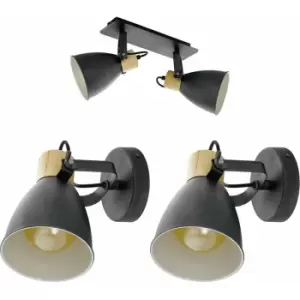 image of Twin Ceiling Spot Light & 2x Matching Wall Lights Black & Wood Shade Moving Head