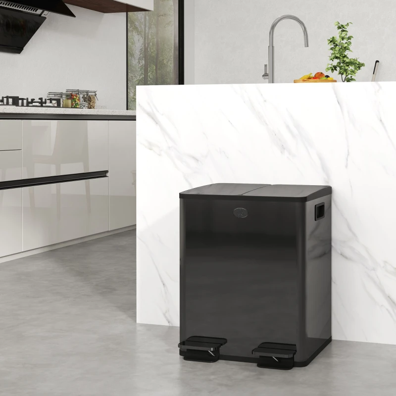Image of HOMCOM 2 x 20L Dual Kitchen Bin Pedal Bin for Recycling and Waste - Black TJ Hughes Silver 5056725566869